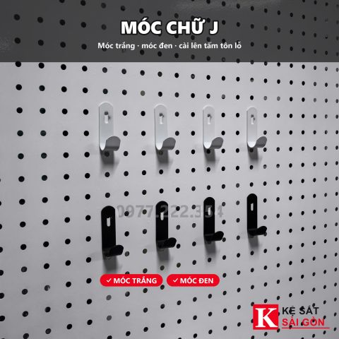 Ảnh móc chữ J cài tấm tôn lỗ, treo chìa khoá và dụng cụ nhỏ