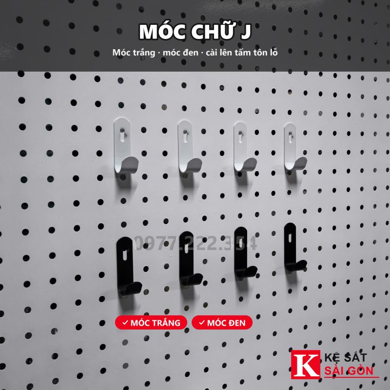 Ảnh móc chữ J cài tấm tôn lỗ, treo chìa khoá và dụng cụ nhỏ
