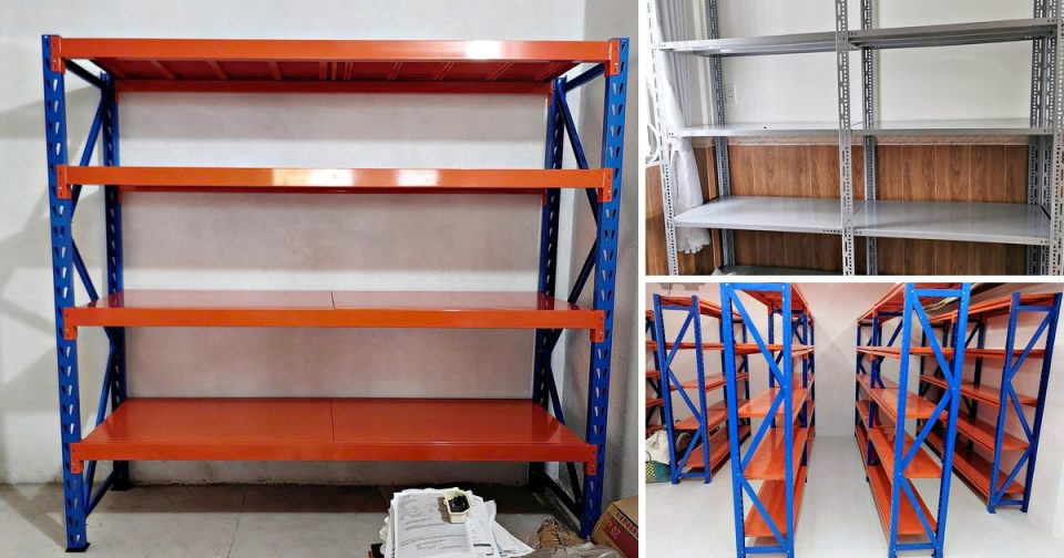 Kệ trung tải khung xanh mâm cam đặt cạnh ảnh kệ sắt V lỗ xám và dãy kệ trung tải trong kho