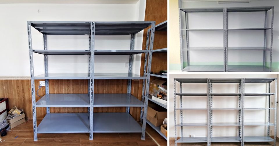 Kệ sắt V lỗ màu xám 5 tầng và 4 tầng lắp trong phòng, nhiều kệ nối dãy