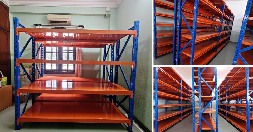 Kệ trung tải 4 tầng lắp trong phòng và các dãy kệ trung tải dài trong kho, khung xanh mâm cam
