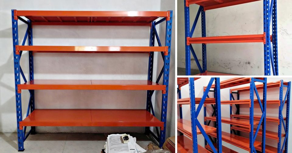 Kệ trung tải khung xanh có giằng chéo, beam cam và mâm cam đã lắp xong, ảnh thực tế