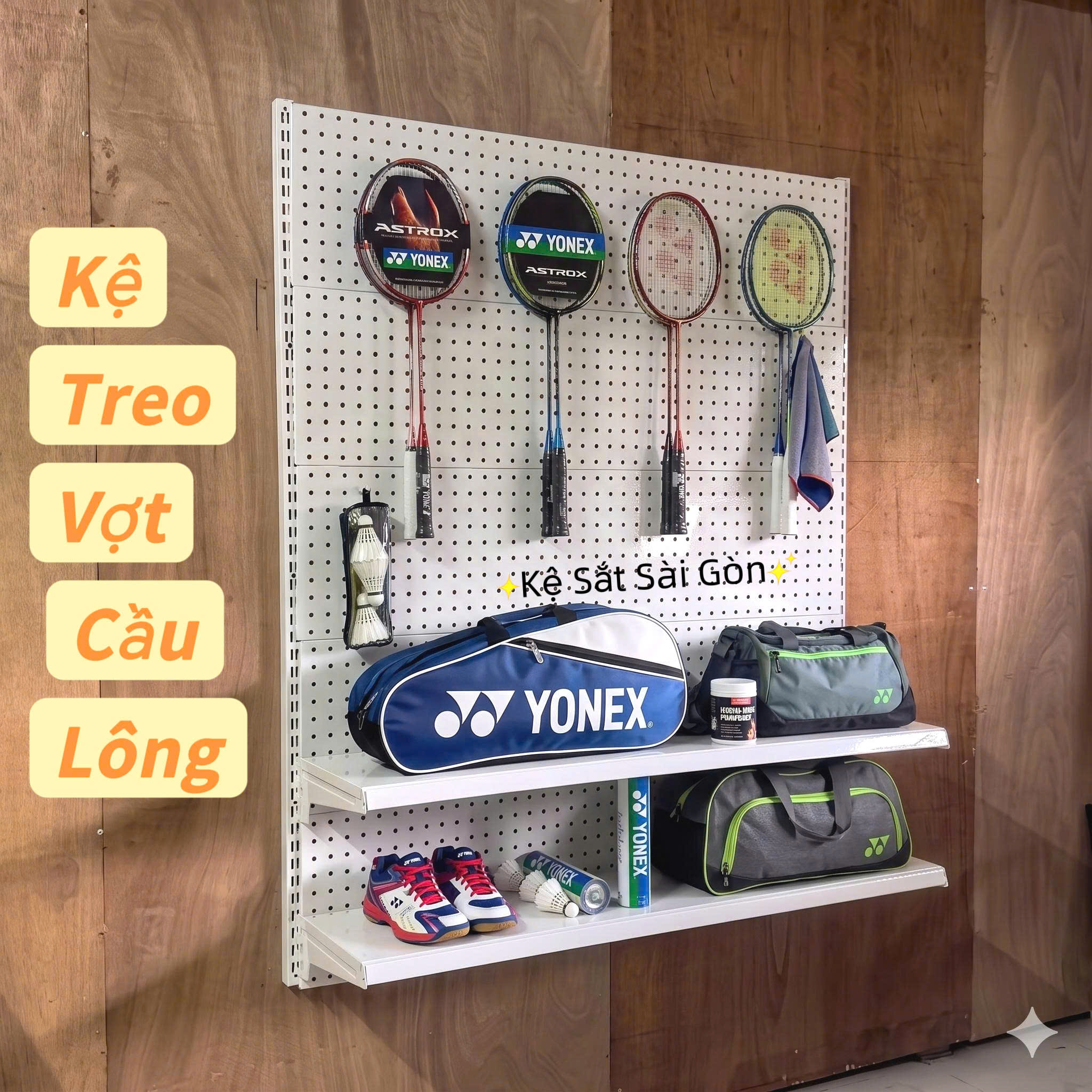 Kệ Pegboard Gắn Tường Treo Vợt Cầu Lông - Ngang 90cm x Cao 1.5m x 2 mâm